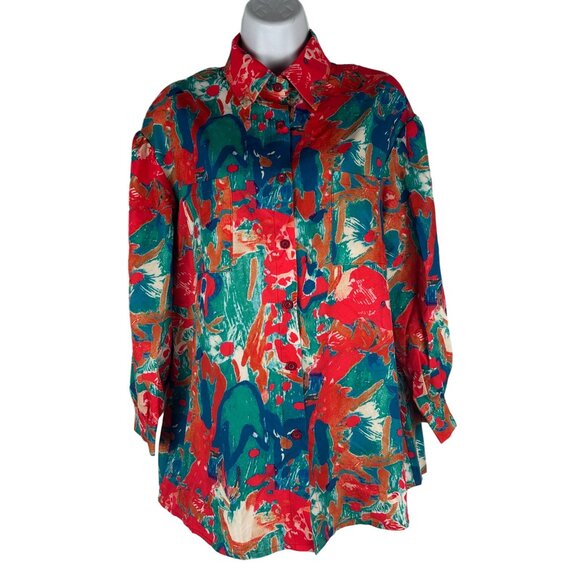 Vintage Abstract Print Button-Up Blouse Size S Polyester Red/Green - Picture 1 of 6